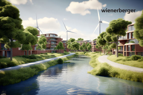 Wienerberger Nachhaltigkeitsprogramm - Bild mit Bauten, Fluss, Logo